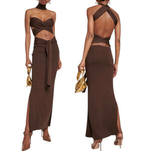 Aya Muse Sinu Cutout Halter Maxi Dress in Chocolate XS